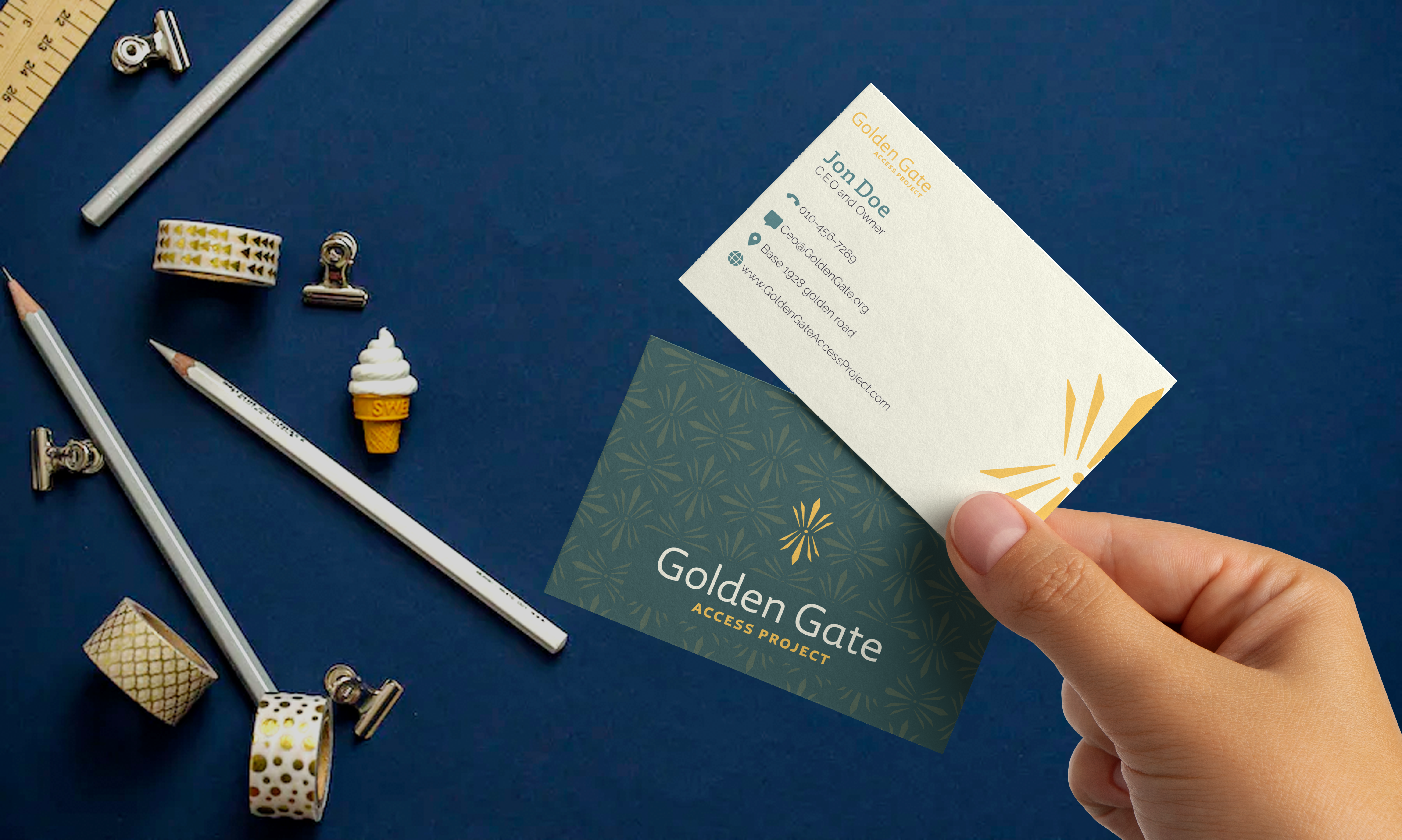 buisness-card fron is yello logo on dark green background with a faded gray logo pattern on top of the background